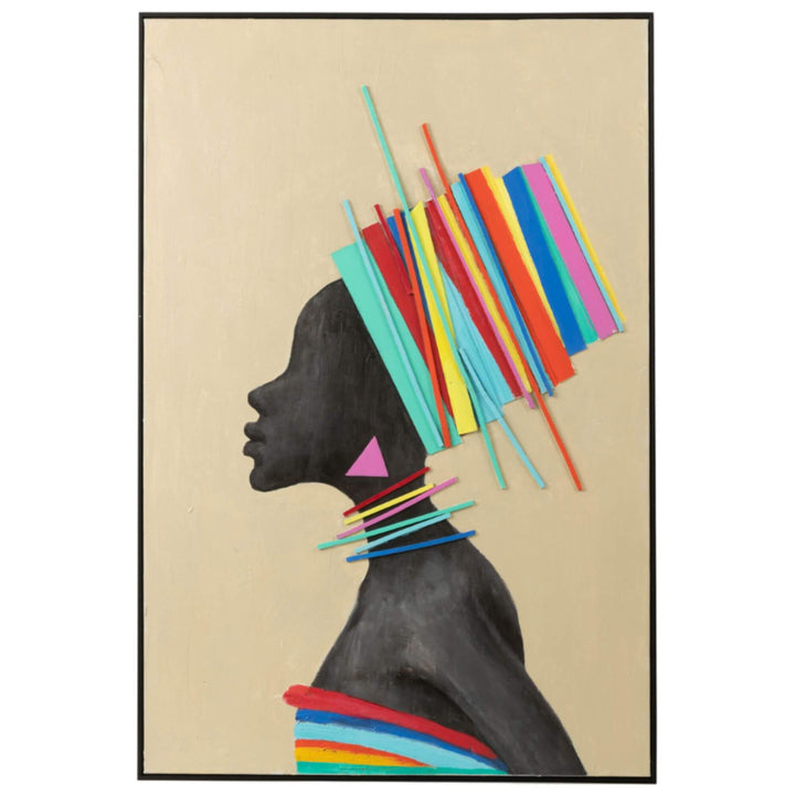 Close-up of left Tomasa Summer Painting showing a woman in profile with a vibrant multicolor headdress and pink triangle earring on a beige background.