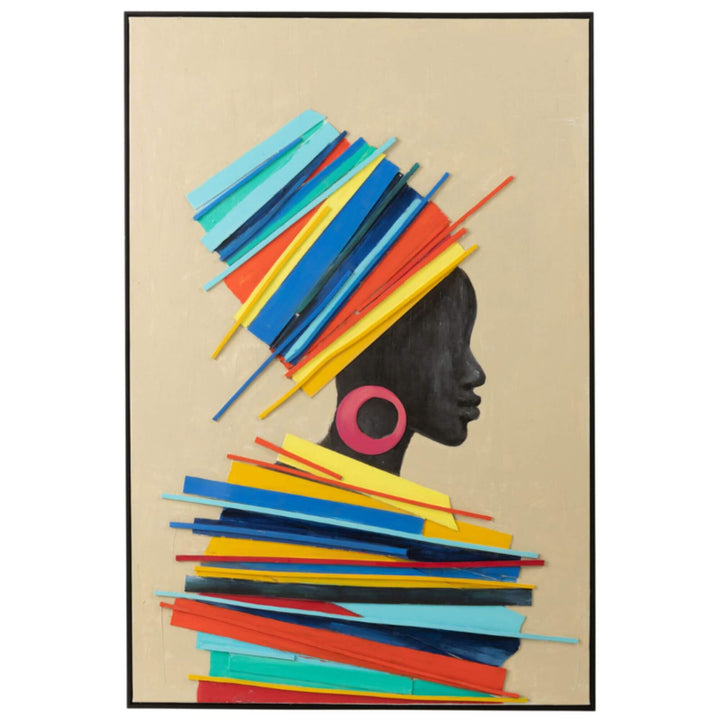 Right Tomasa Summer Painting depicting a woman with a tall colorful headwrap and large pink hoop earring, painted on beige canvas.