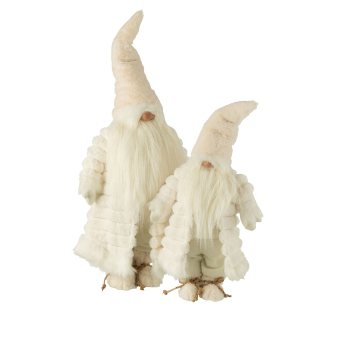 Set of two cream-colored Tomte gnome decorative figures with tall hats and long beards.