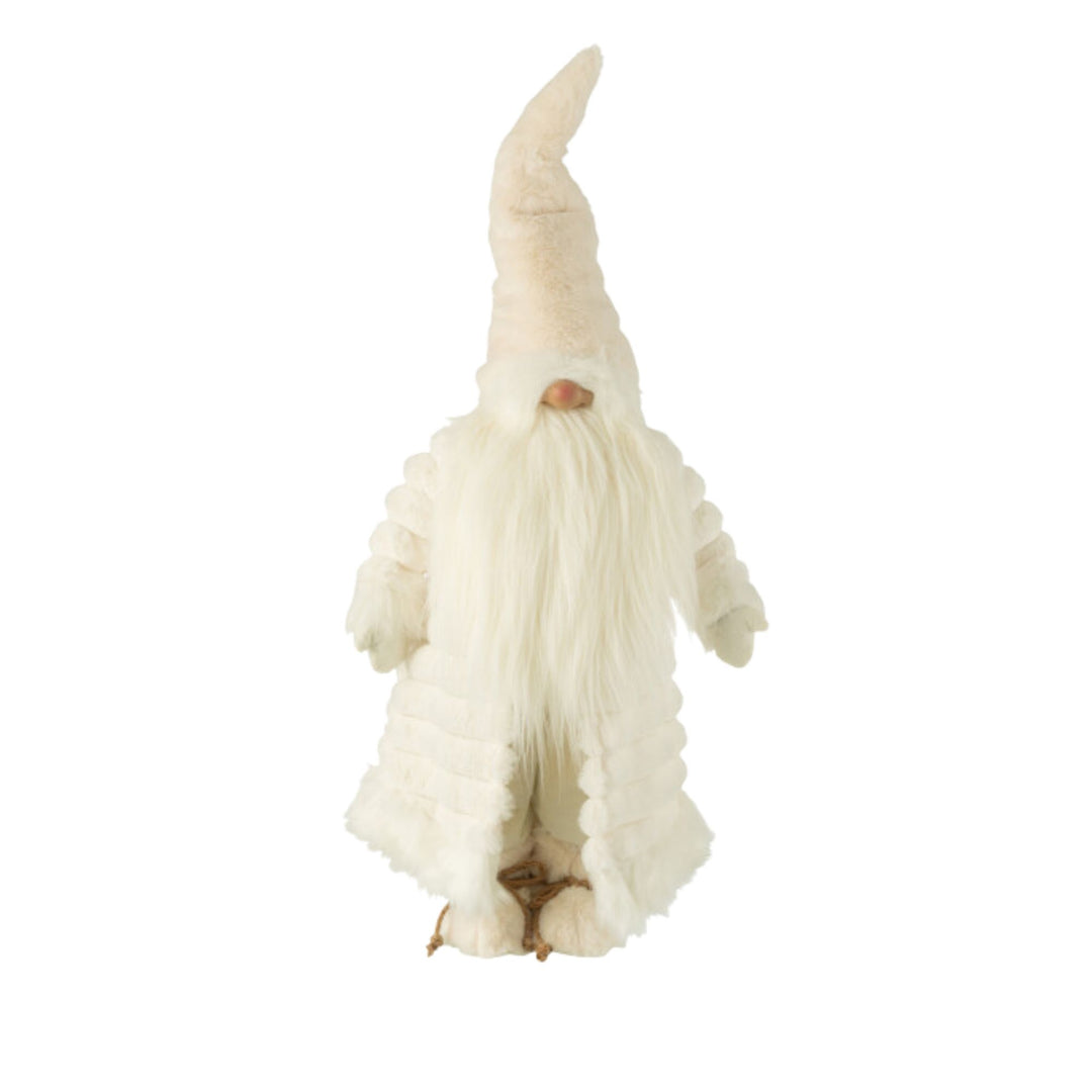 Large Tomte gnome figure in cream textile with pointed hat and fluffy coat.