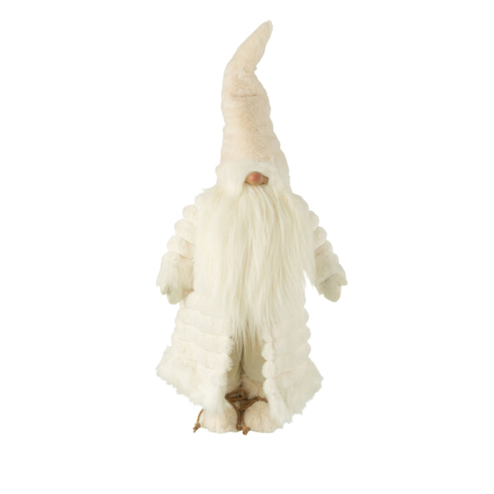 Large Tomte gnome figure in cream textile with pointed hat and fluffy coat.