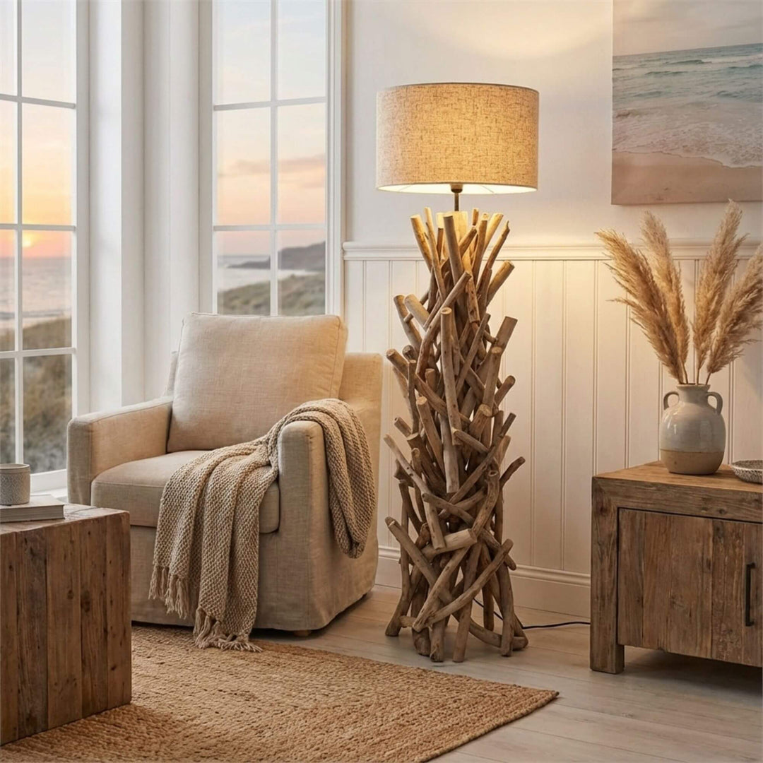 Styled cozy living room corner featuring Tonga floor lamp