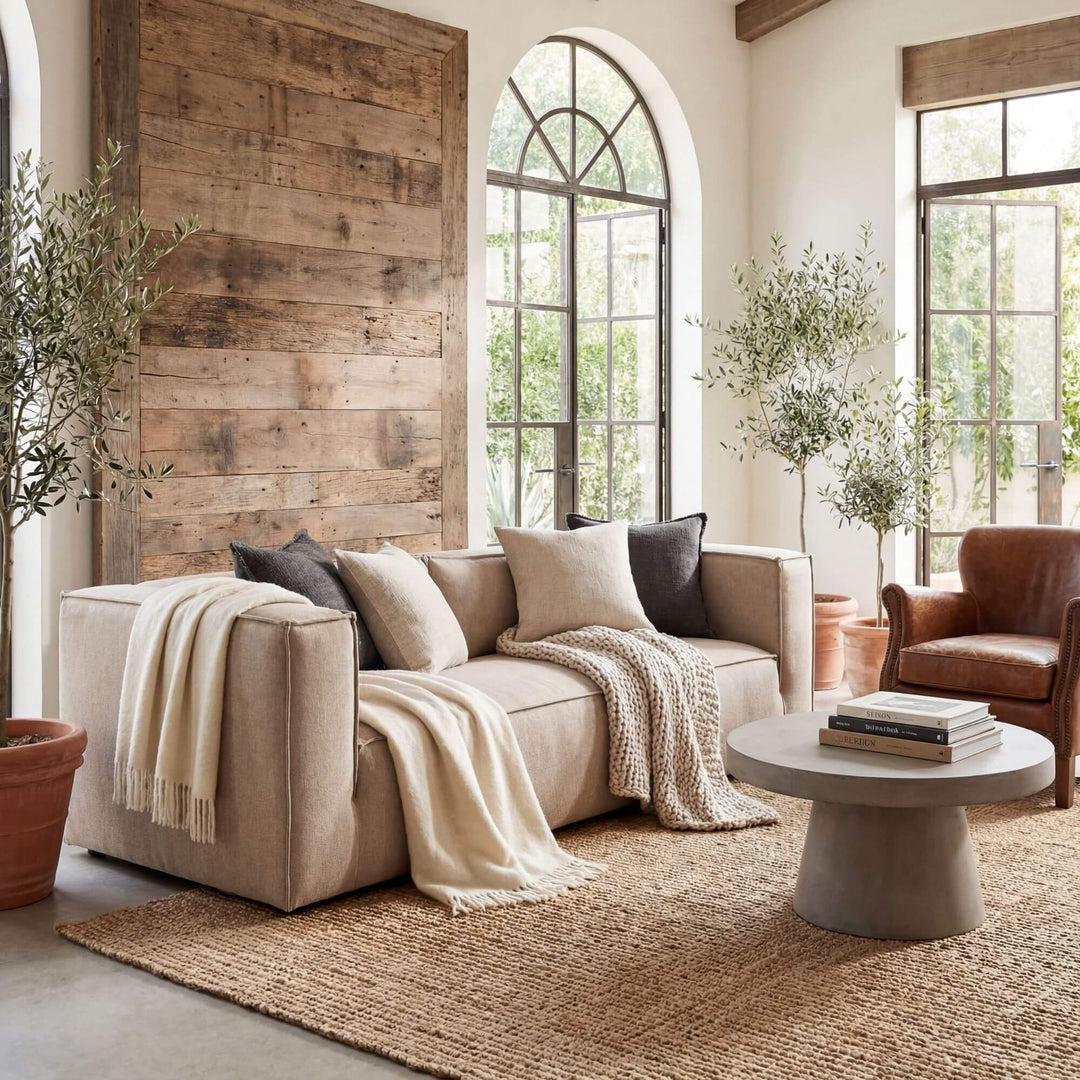 Modern living room with a white Torino sofa, wooden coffee table, and large windows.