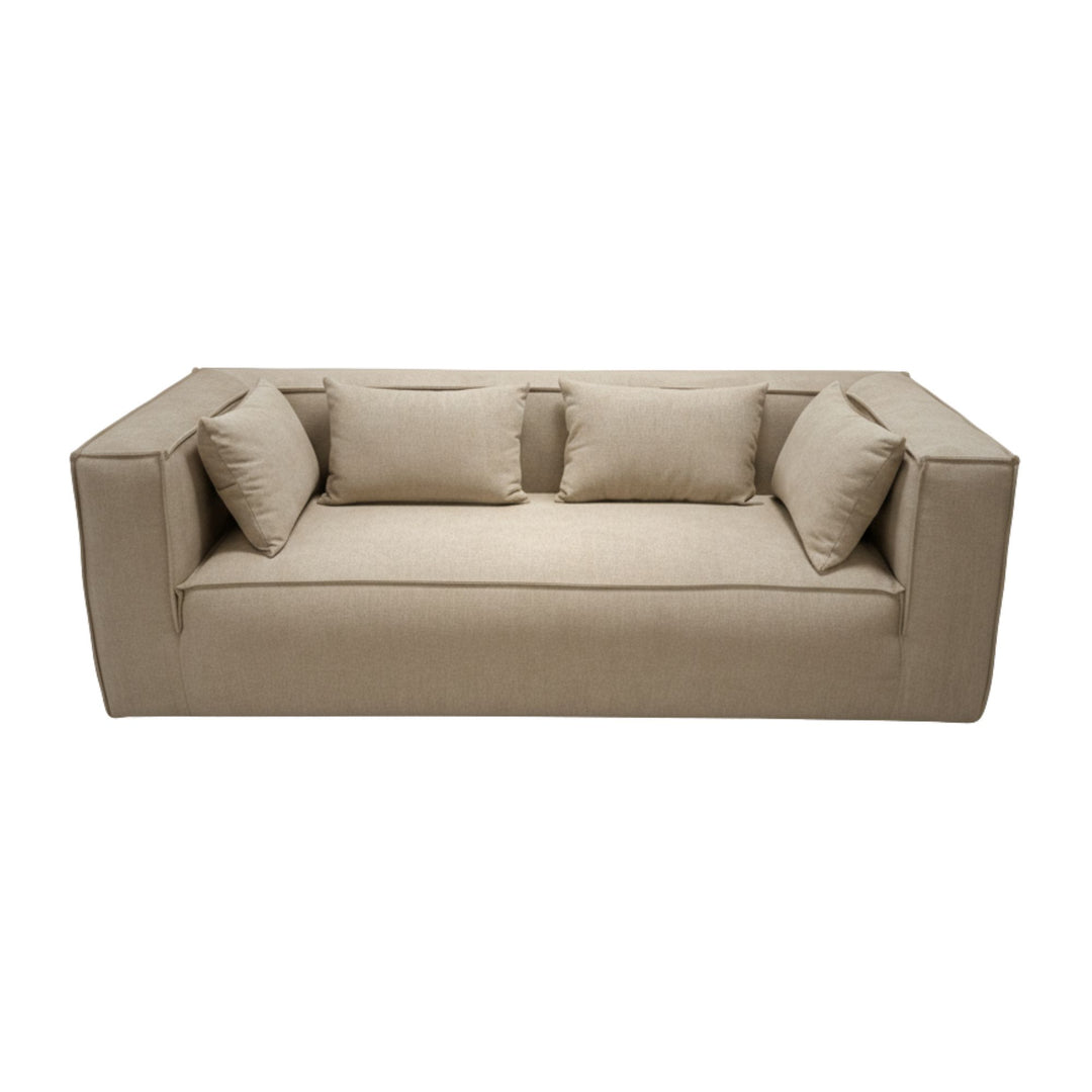 Front view of the Torino Sofa in taupe fabric with included cushions.