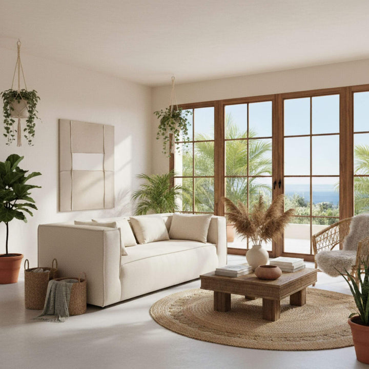 Modern living room with a white Torino sofa, wooden coffee table, and large windows.