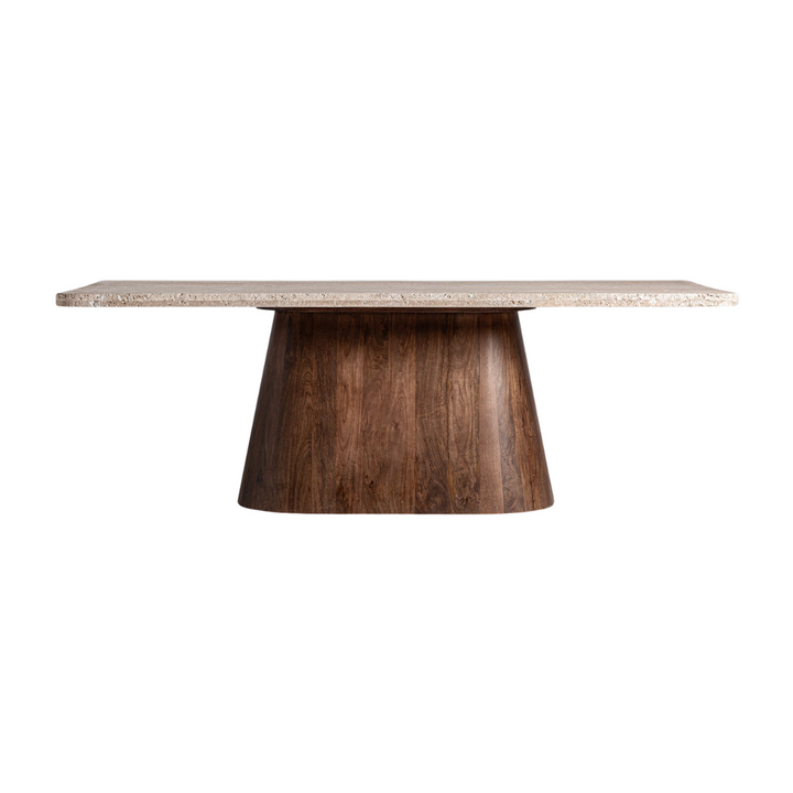 Front view of the Toscana Dining Table with travertine top and acacia wood base.