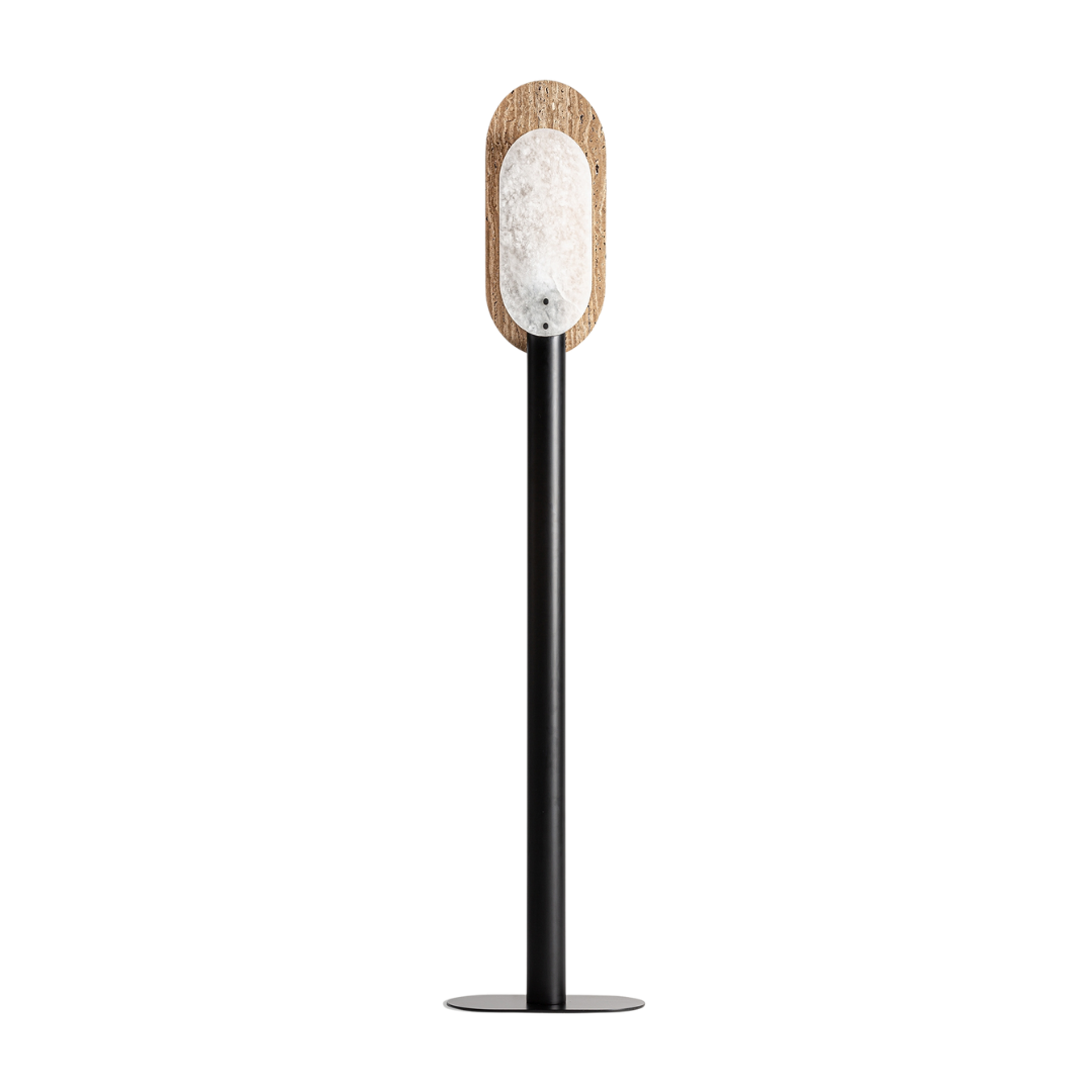 Toscana floor lamp with travertine backplate, alabaster, and black metal stand.