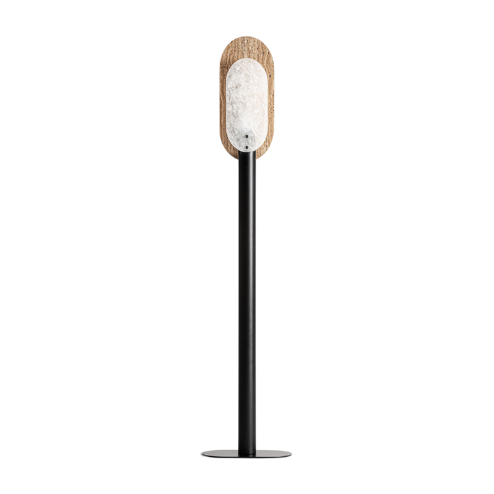 Toscana floor lamp with travertine backplate, alabaster, and black metal stand.
