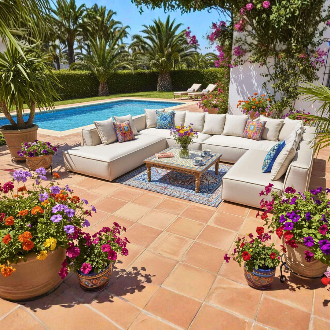 Toscana Outdoor Sofa in natural tone set by a Mediterranean pool terrace.