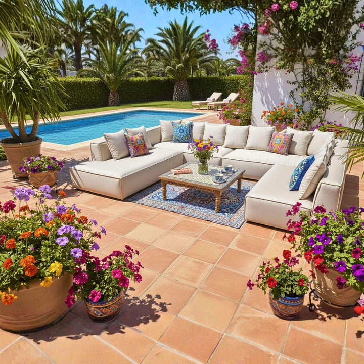 Toscana Outdoor Sofa in natural tone set by a Mediterranean pool terrace.