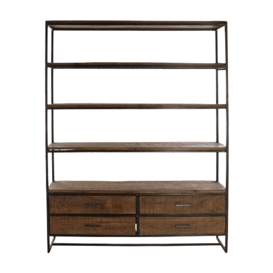 Front view of Train Collection Rack with acacia shelves and iron frame