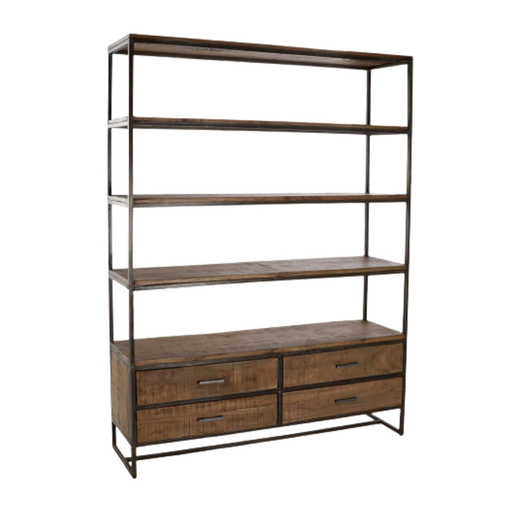 Angled view of industrial rack showing shelves and drawers
