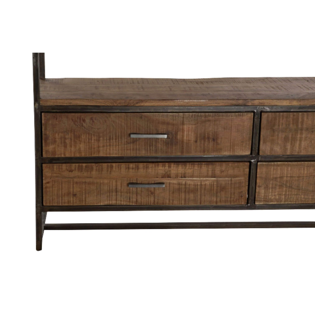 Detail of lower drawer section on acacia and iron rack