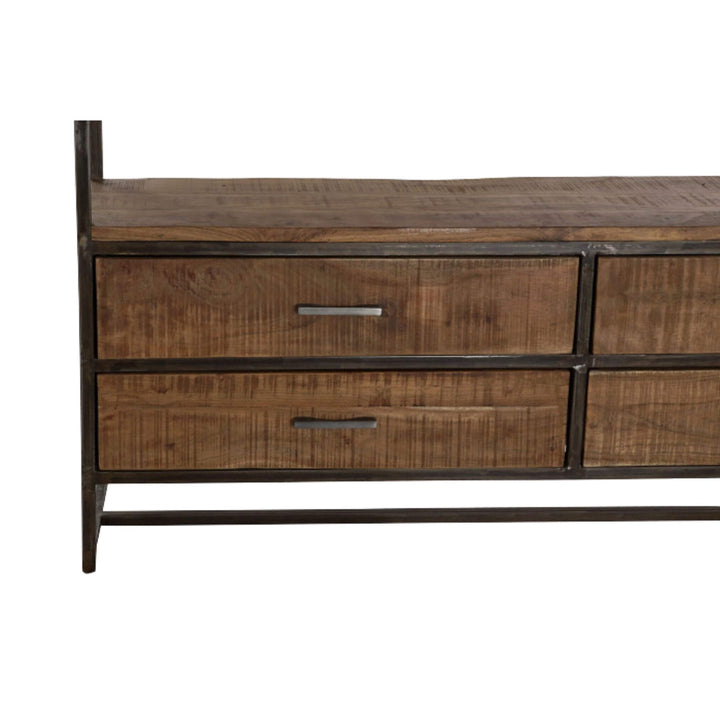 Detail of lower drawer section on acacia and iron rack