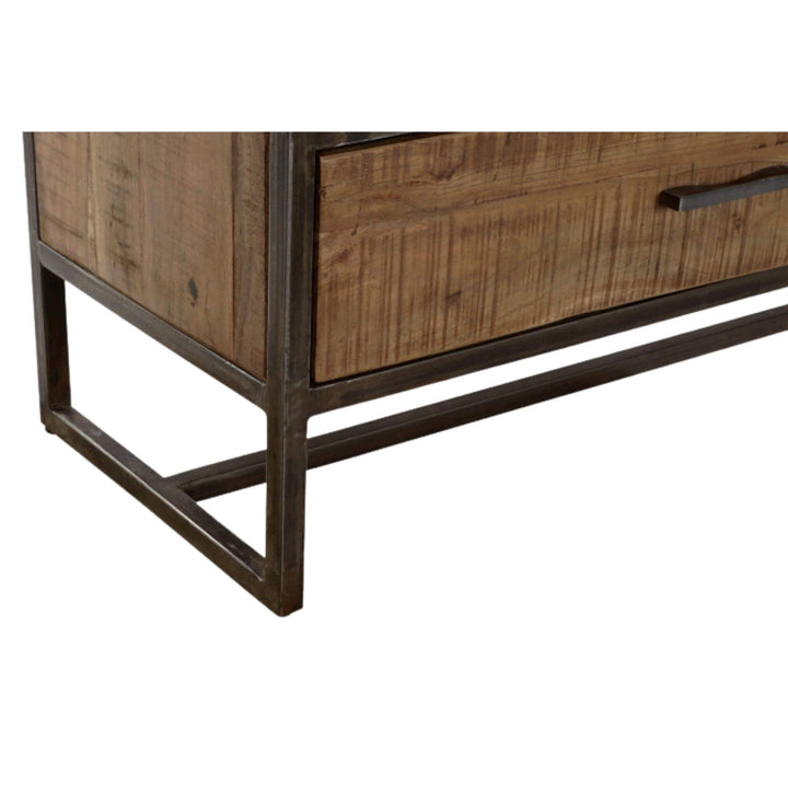 Close-up of iron leg and base frame on shelving unit