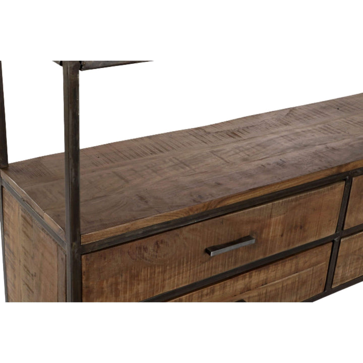 Detail of lower drawer section on acacia and iron rack