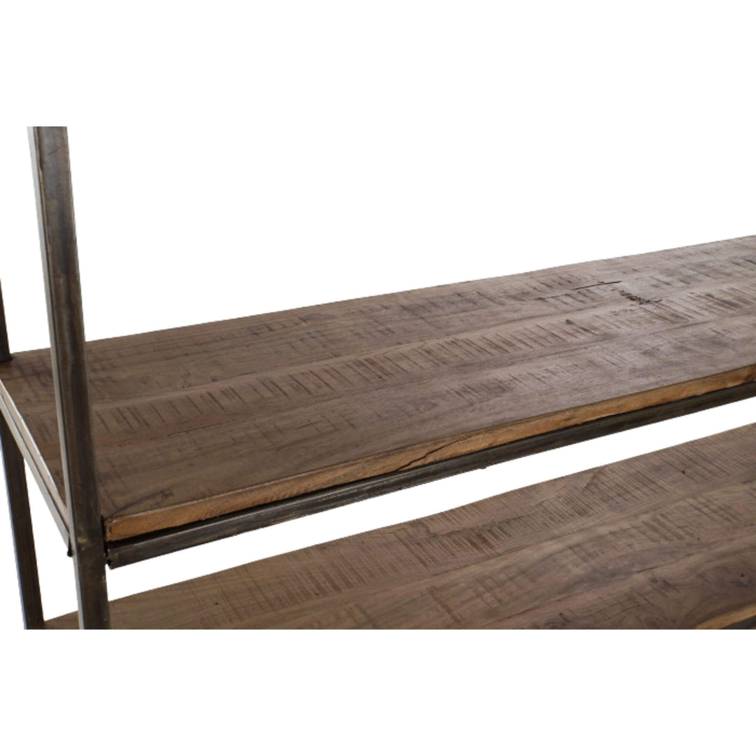 Joint detail where acacia shelf meets black iron frame