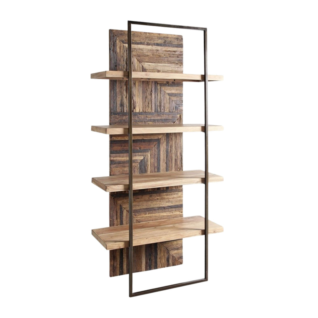 Full view of the vertical shelving unit showing acacia wood shelves and patterned back panel.
