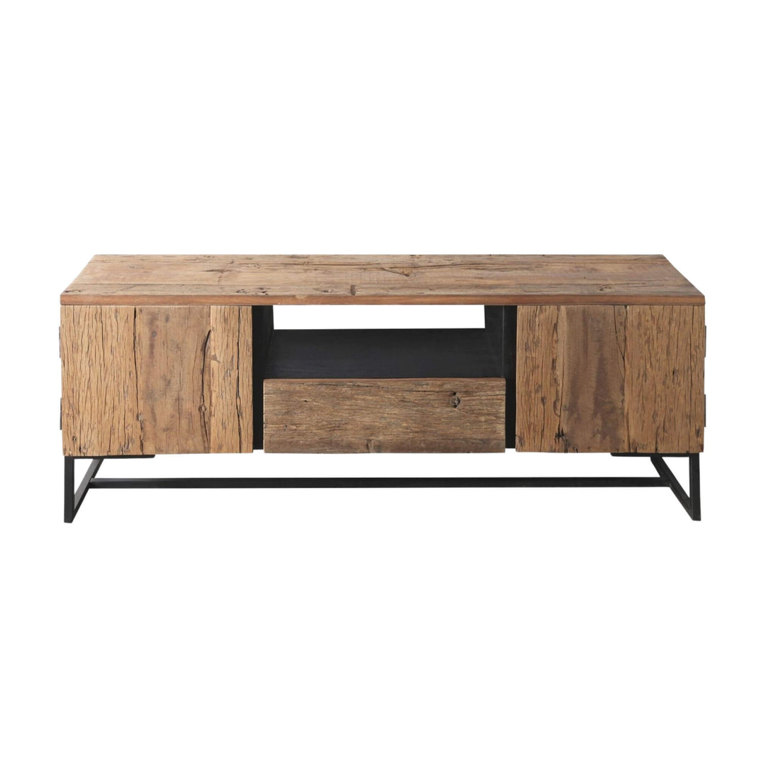 Train Collection TV Console front view in acacia wood and iron.