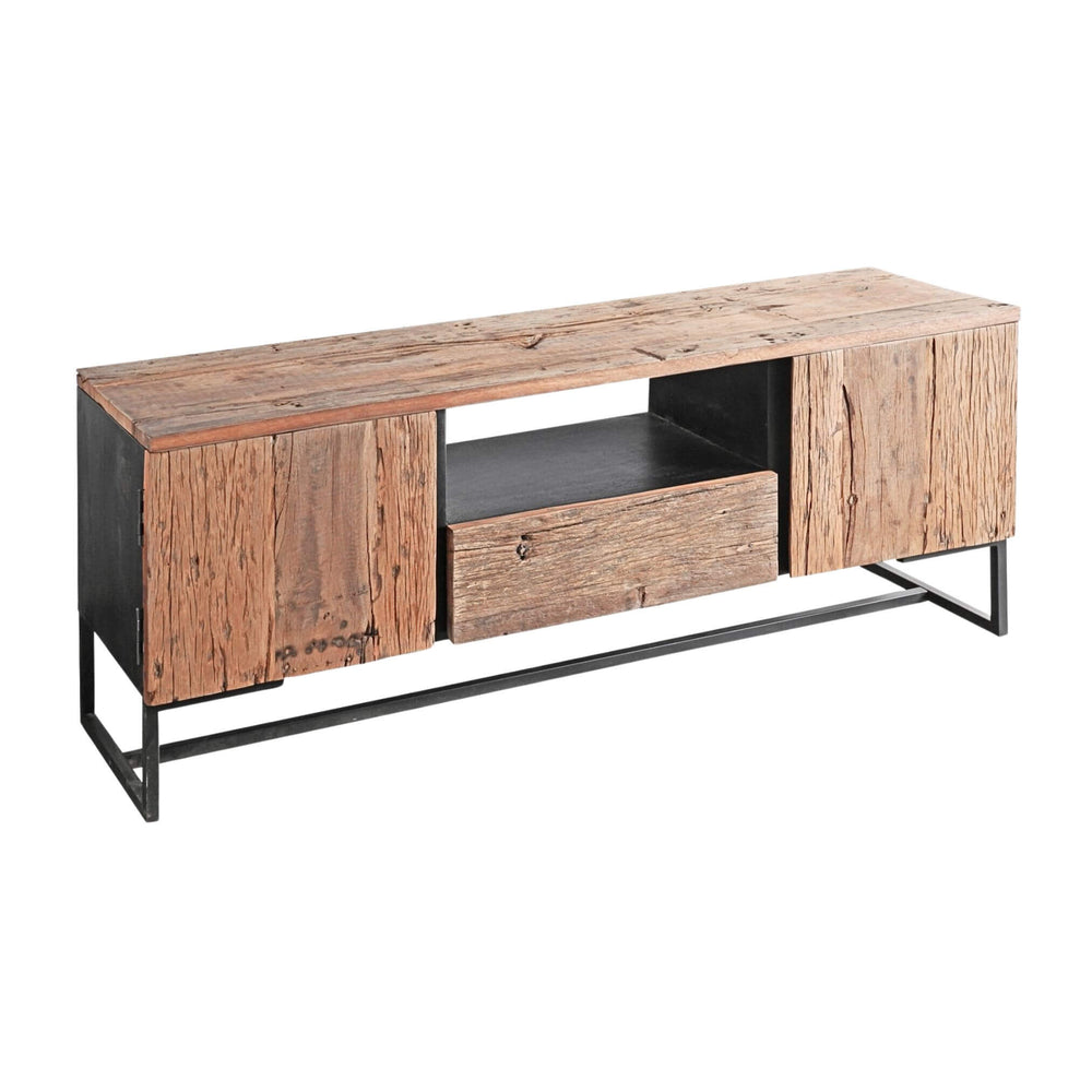 Industrial-style TV stand with acacia wood and black iron frame, angled view.