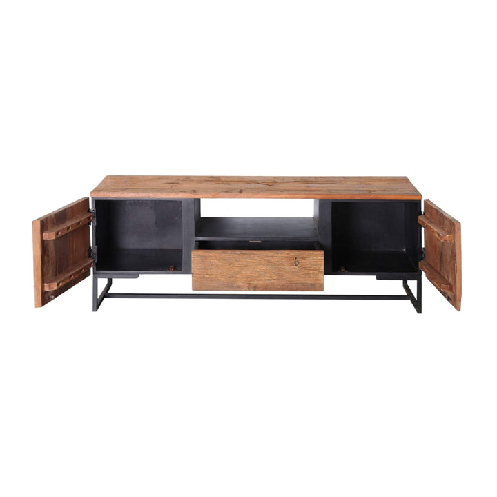Train Collection TV Console with open cabinet doors showing storage space.