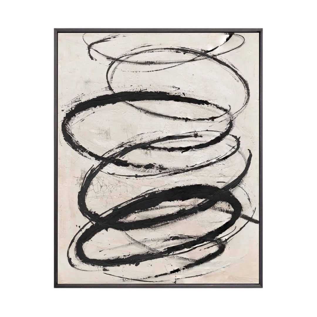 Abstract black and white painting with bold circular brushstrokes on canvas.
