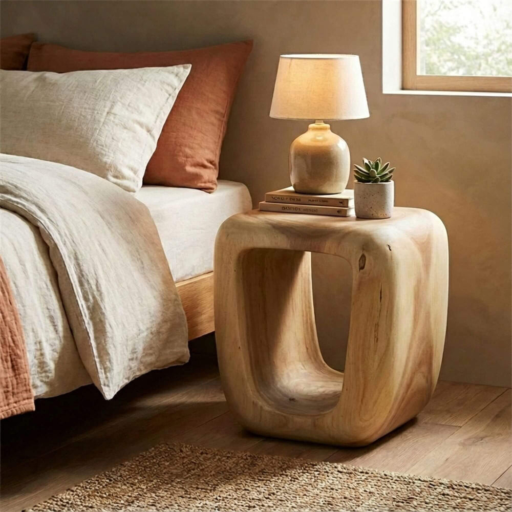 Wooden Trembesi bedside table with lamp and plant next to a bed in a bedroom.