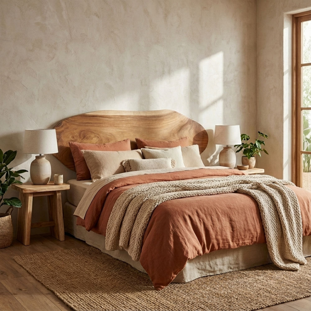 Styled bedroom interior featuring the Trembesi Headboard as a warm natural focal point.