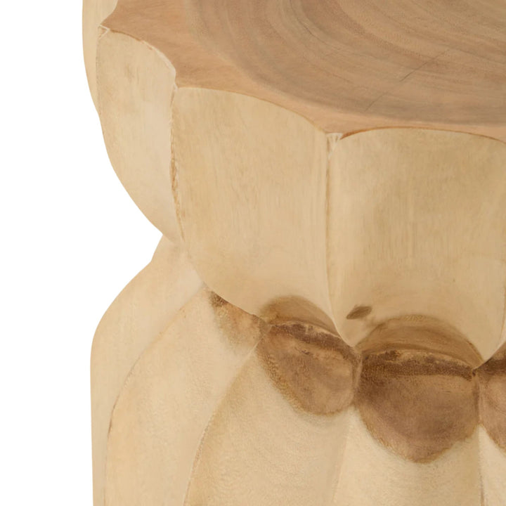 Close-up detail of the suar wood surface showing natural knots and tonal variations.