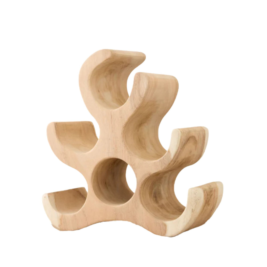 Front view of the Trembesi wine rack carved from solid suar wood with organic bottle openings.