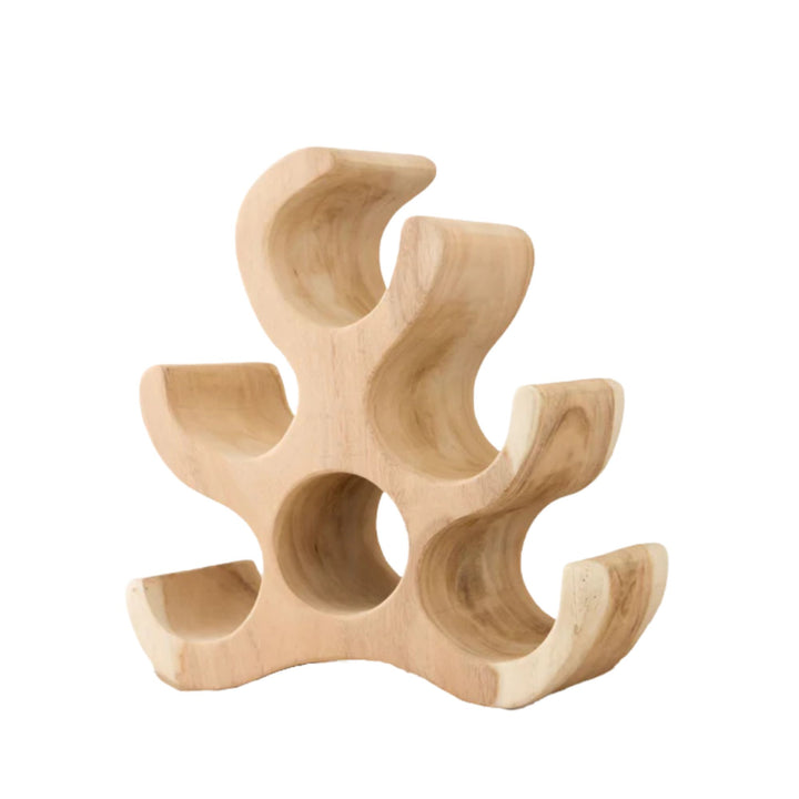 Front view of the Trembesi wine rack carved from solid suar wood with organic bottle openings.