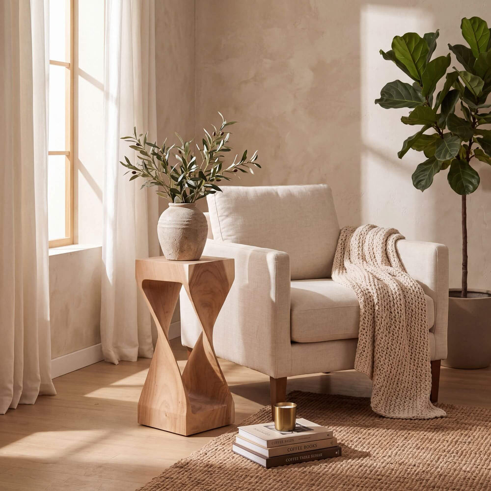 Trembesi Twist side table styled beside an armchair in a warm natural living room