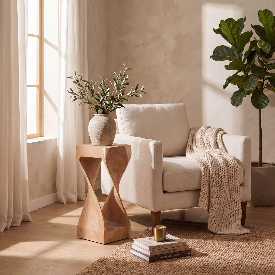 Trembesi Twist side table styled beside an armchair in a warm natural living room
