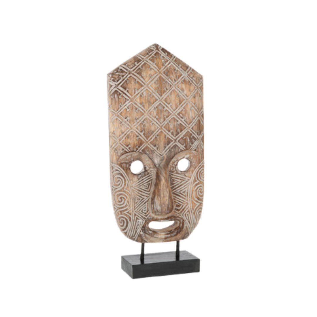 Front view of Tribal Mask Stand showing elongated tribal mask form on a minimalist base.