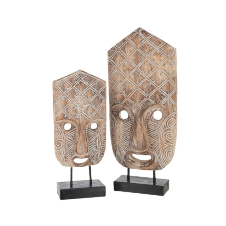 Front view of Tribal Mask Stand carved from wood with geometric and symbolic patterns mounted on a black base.