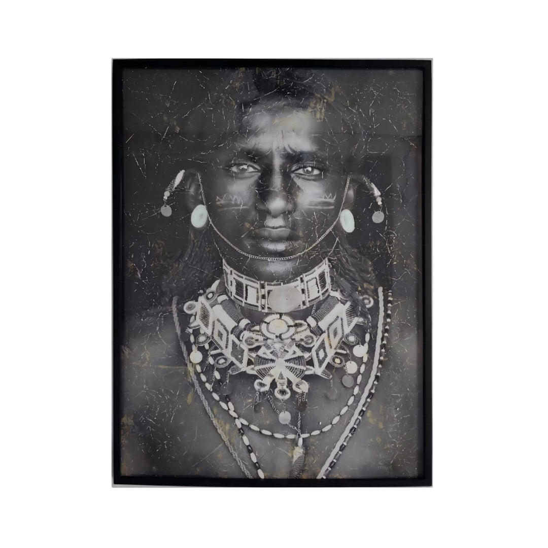 Framed portrait wall art on canvas with textured finish and expressive tribal-inspired detail, perfect for rustic, Mediterranean, and eclectic interiors.