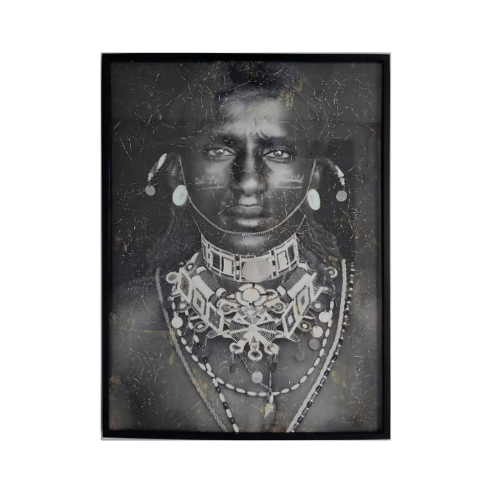 Framed portrait wall art on canvas with textured finish and expressive tribal-inspired detail, perfect for rustic, Mediterranean, and eclectic interiors.