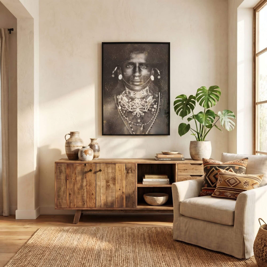 Styled interior setting featuring the Tribal Muse artwork displayed above a wooden sideboard in a warm natural space.