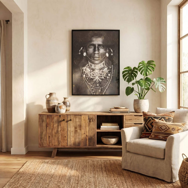 Styled interior setting featuring the Tribal Muse artwork displayed above a wooden sideboard in a warm natural space.