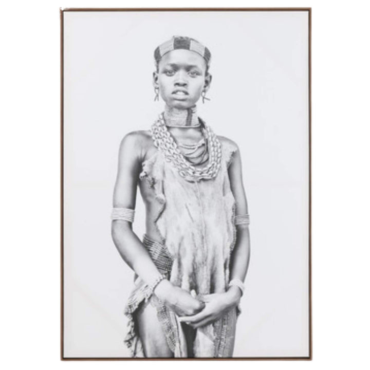 Black and white portrait on canvas in a natural wood frame titled Tribe Boy Canvas.