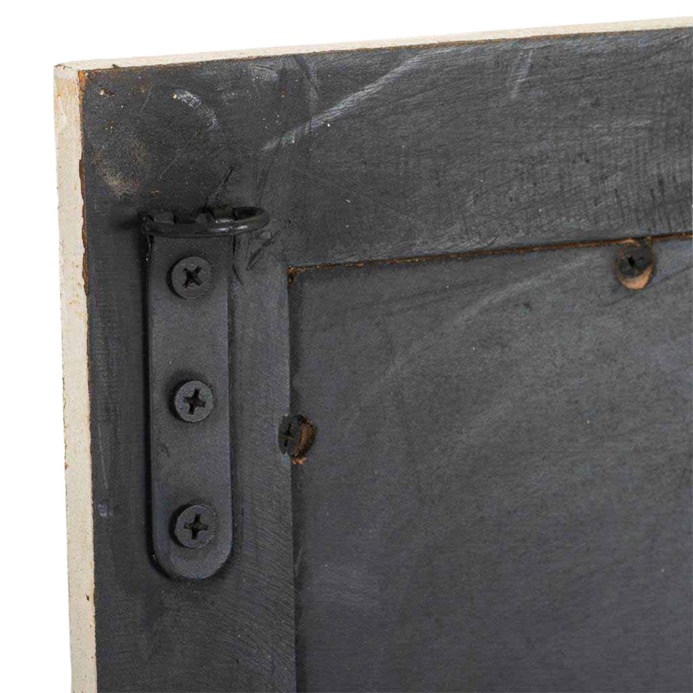 Close-up of the distressed wooden frame highlighting its rustic texture and aged finish.