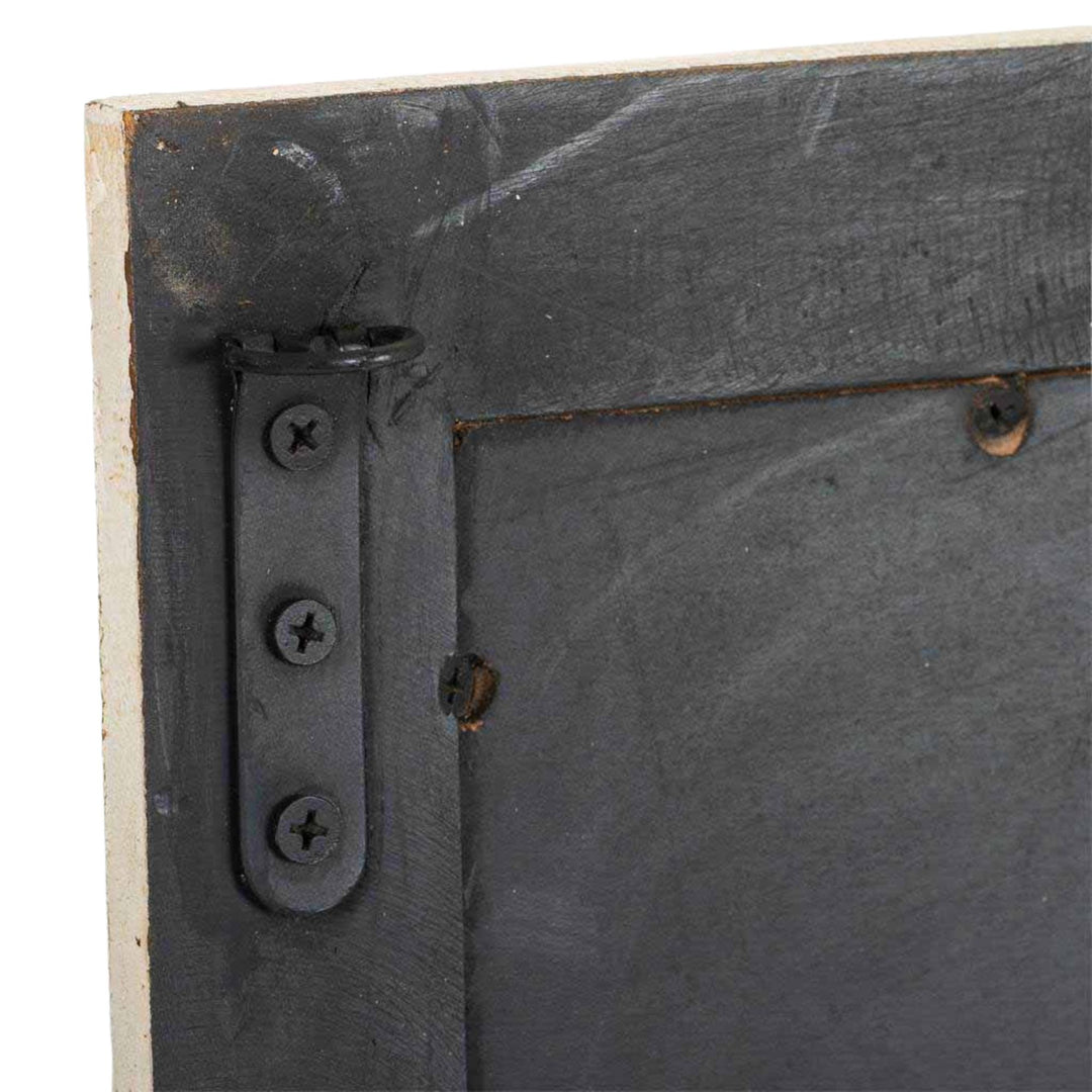 Close-up of the distressed wooden frame highlighting its rustic texture and aged finish.