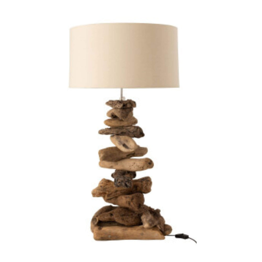 Tri Floor Lamp size S with reclaimed teak wood base and beige fabric shade.