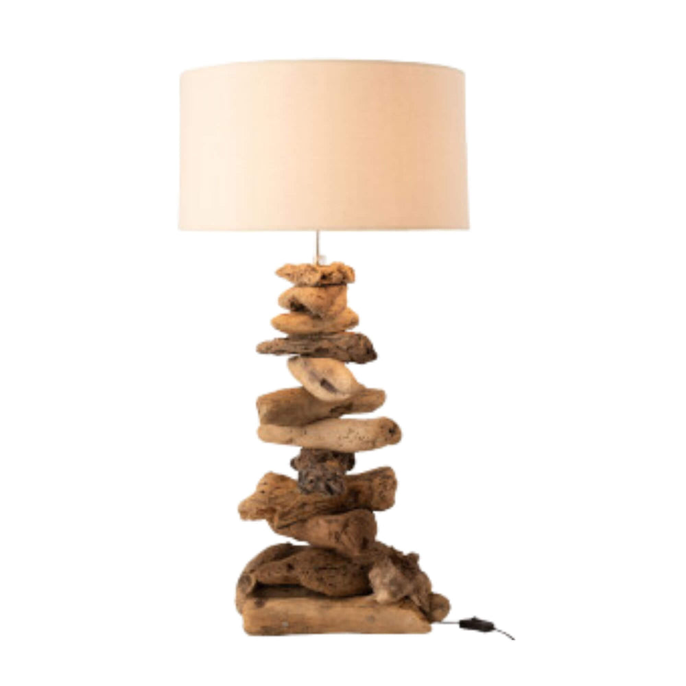 Rustic lamp made from stacked teak wood pieces with fabric shade.
