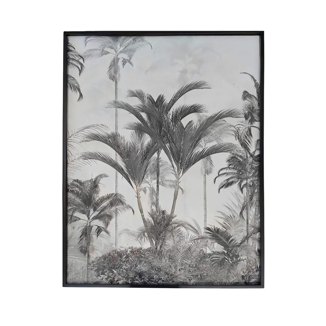 Front view of the Tropical Palms wall art showing a monochrome tropical landscape on canvas with a black frame.