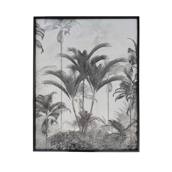 Front view of the Tropical Palms wall art showing a monochrome tropical landscape on canvas with a black frame.