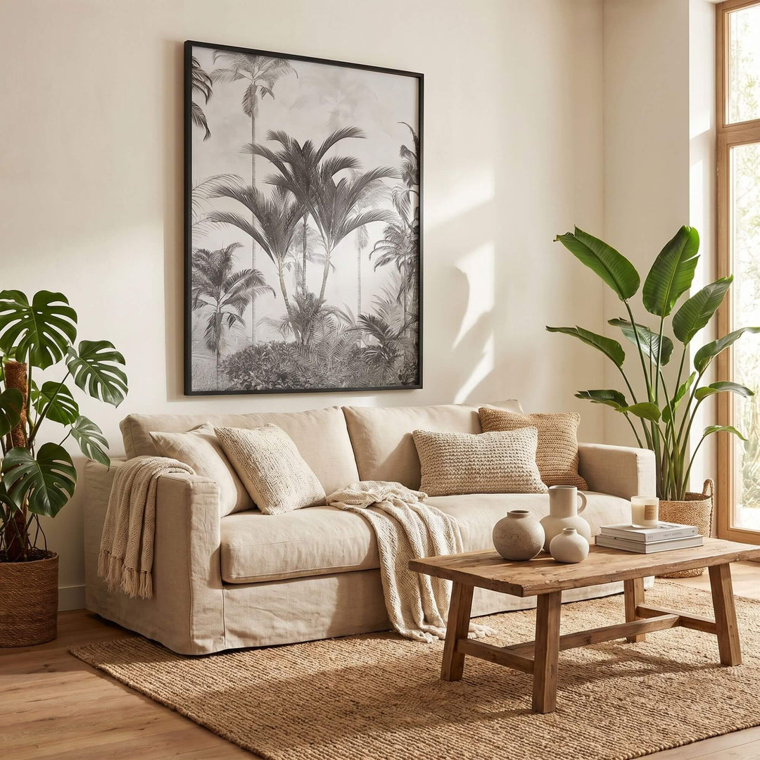Styled interior setting featuring the Tropical Palms artwork displayed above a sofa in a warm natural living room.