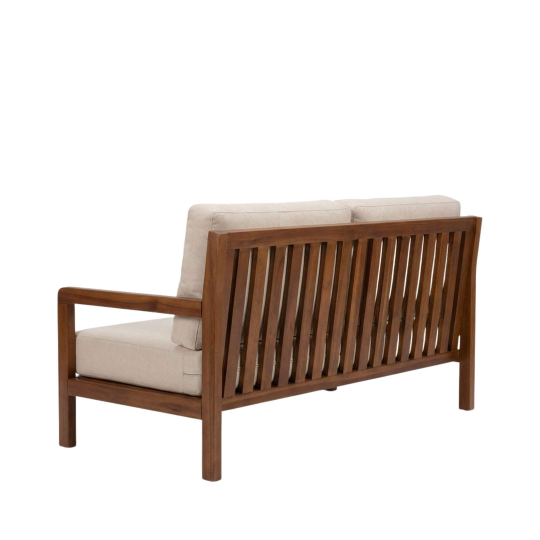 Rear view of the sofa showing the slatted wooden backrest design.