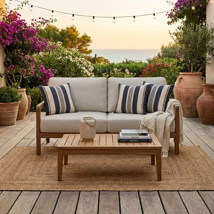 Styled outdoor setting featuring the Tropika sofa on a terrace with natural décor.