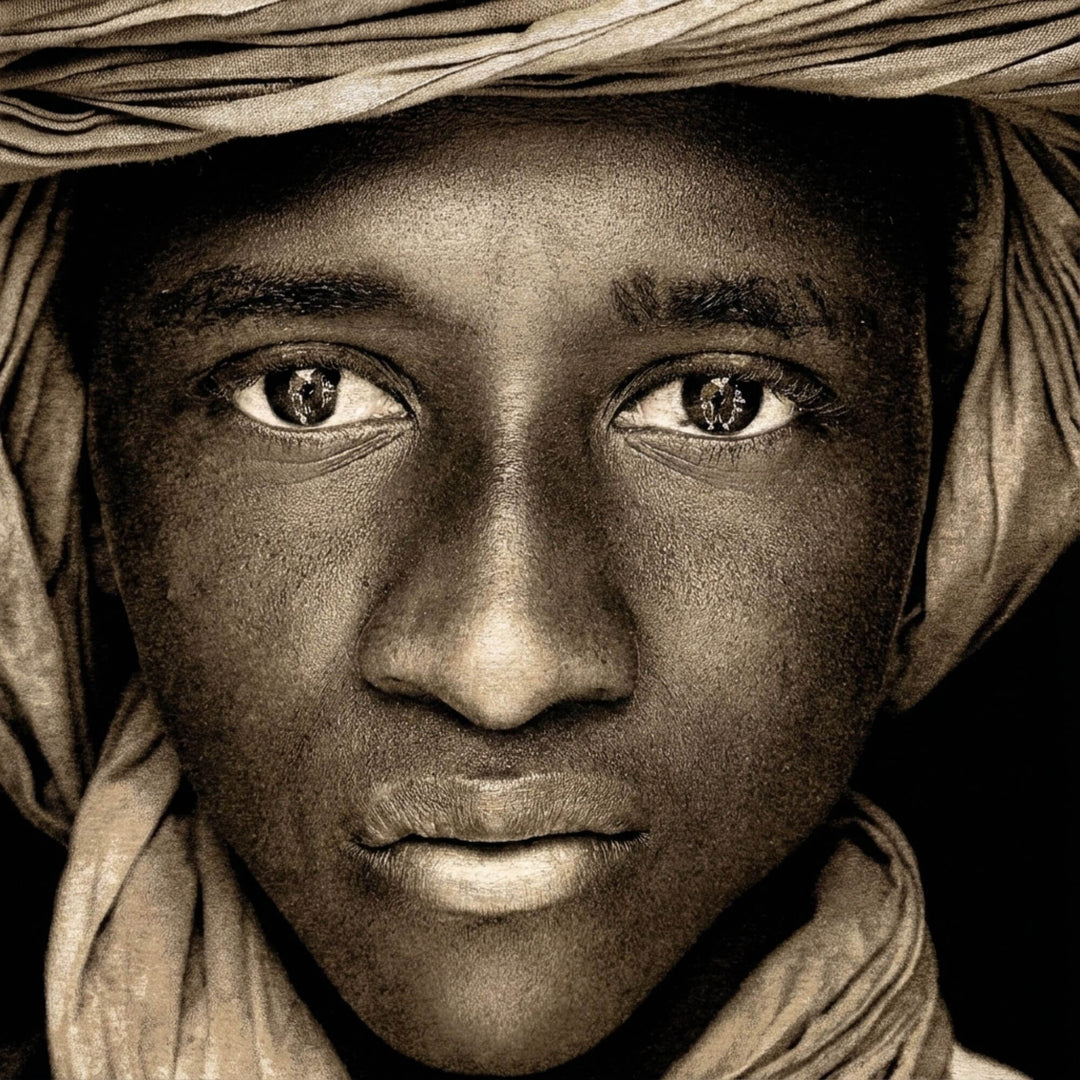 Close-up of the Tuareg Child’s face highlighting detailed fabric texture and expressive eyes.